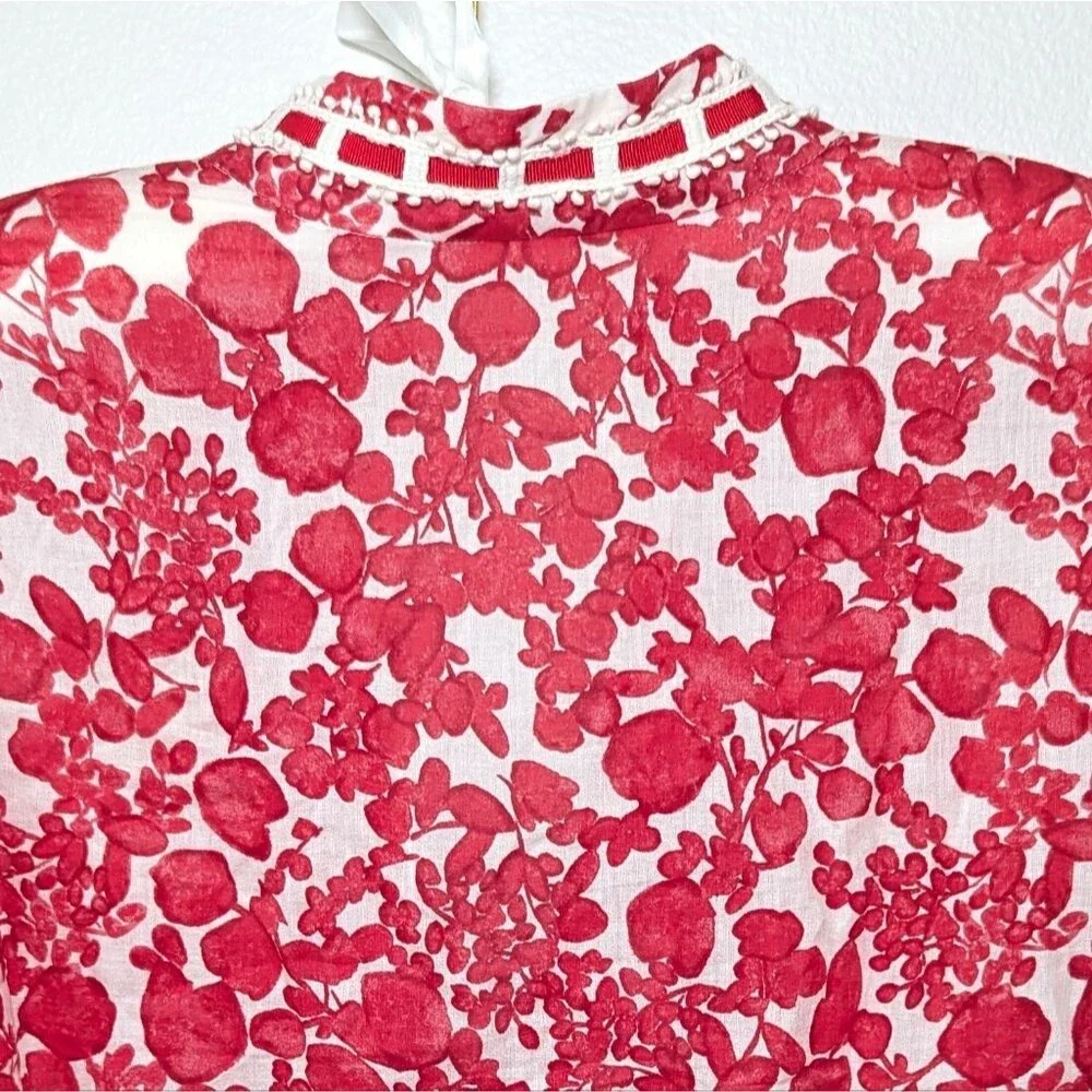 Tory Burch Red Floral Crochet Ribbon Details Blouse